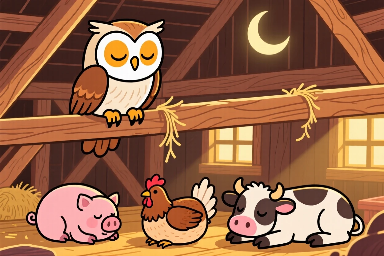 A barn owl perched quietly on a rafter above sleeping animals.