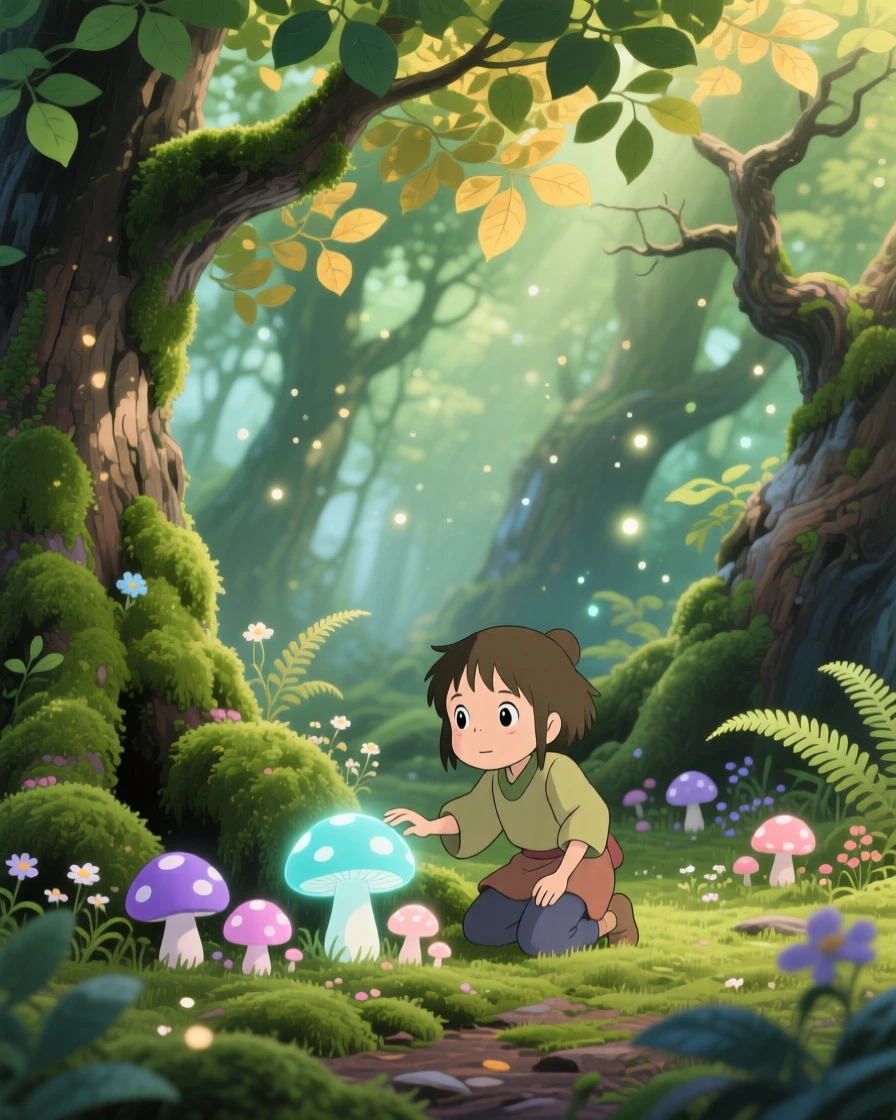 A moss-covered grove filled with softly glowing mushrooms, soft green light filtering through overlapping leaves, creating a scene of quiet natural magic.