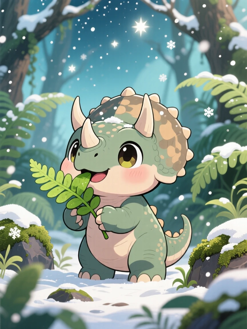 A baby triceratops munching on a fern leaf happily in a lush prehistoric jungle during a cozy winter snowfall; sparkling starlight washes over the scene as peaceful calm fills the moment. Close-up portrait.