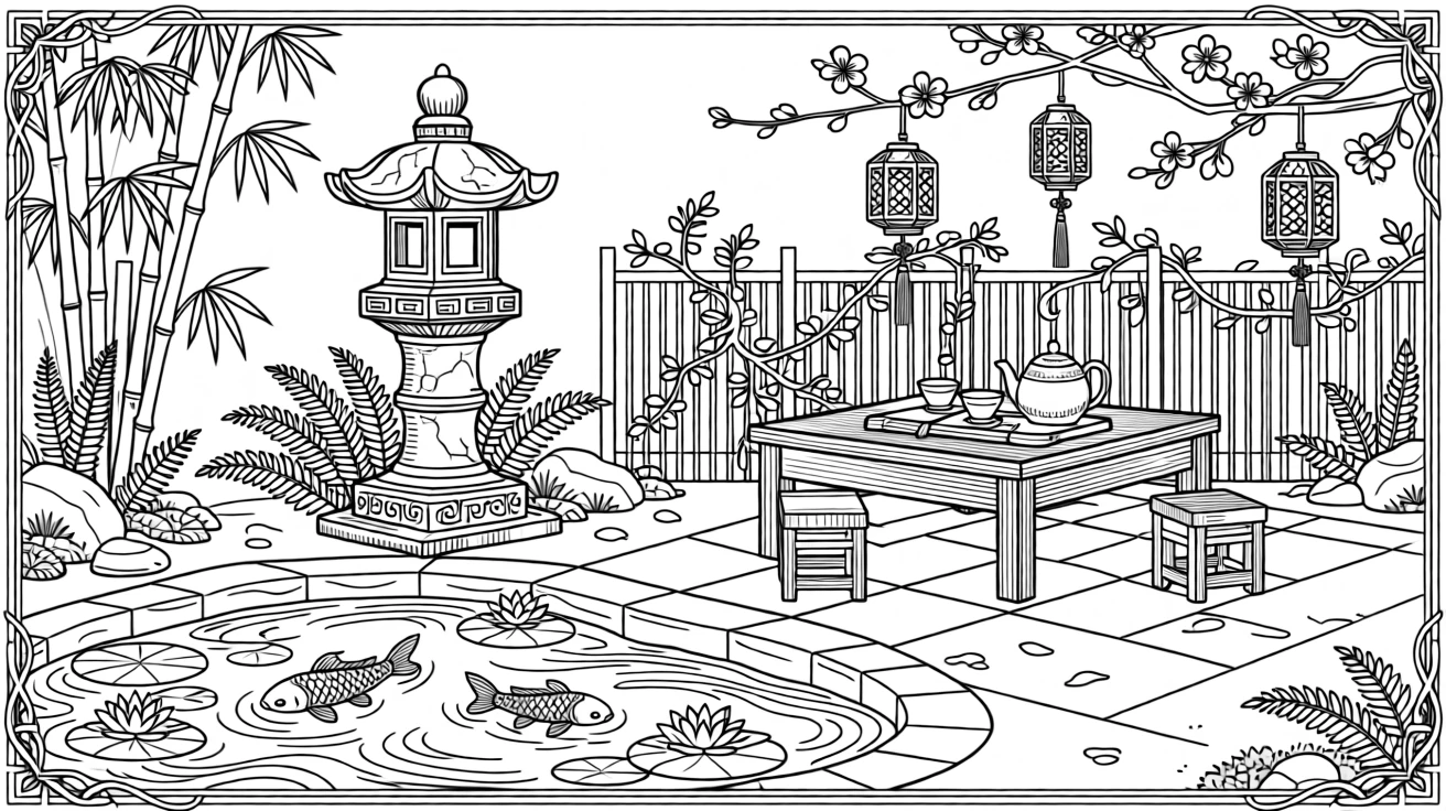 A tea garden scene with a stone lantern and koi pond.