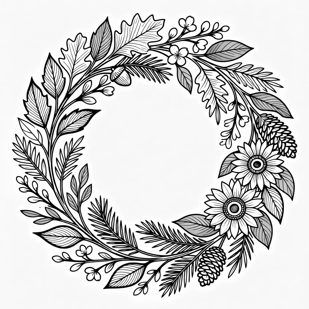 A decorative wreath pattern of intertwined seasonal foliage