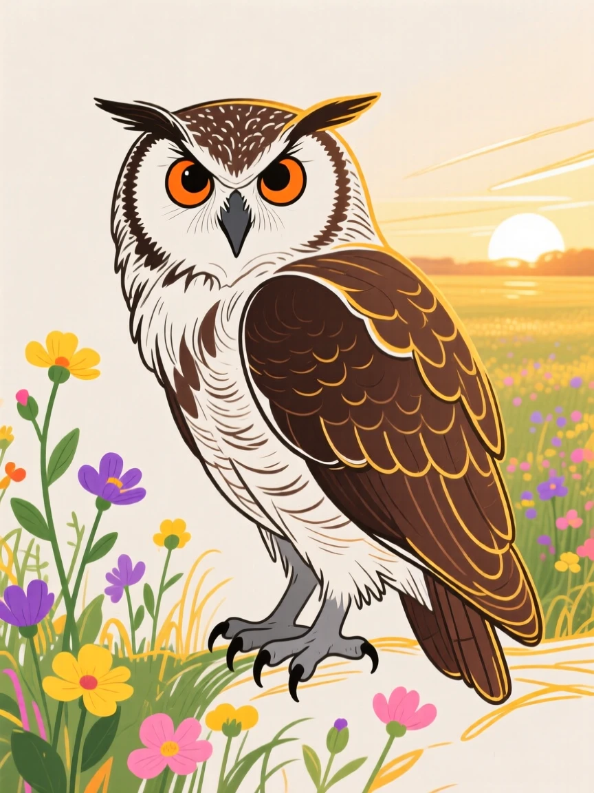 A wise old owl grazing near a wildflower field during golden hour.