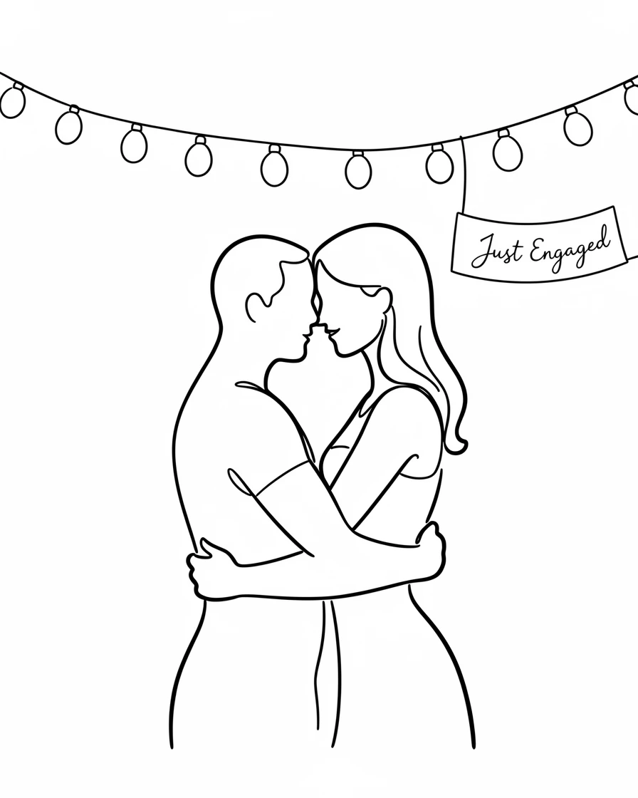 A newly engaged couple embracing beneath a string of festive lights