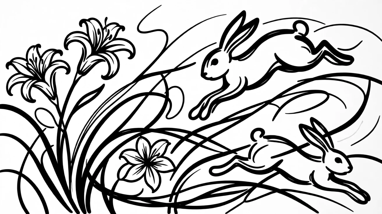 A spring meadow full of Easter lilies and hopping bunnies.