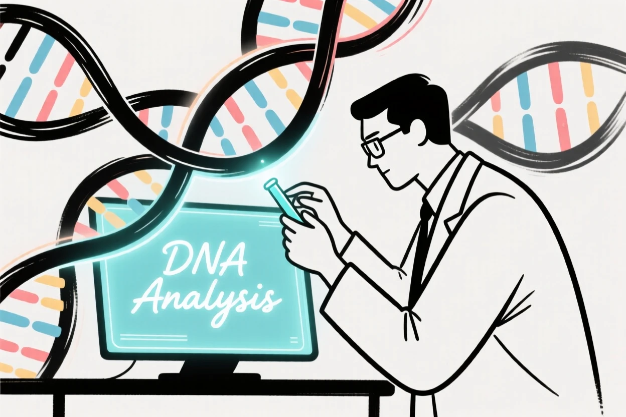 A scientist studying DNA strands displayed on a glowing holographic screen.