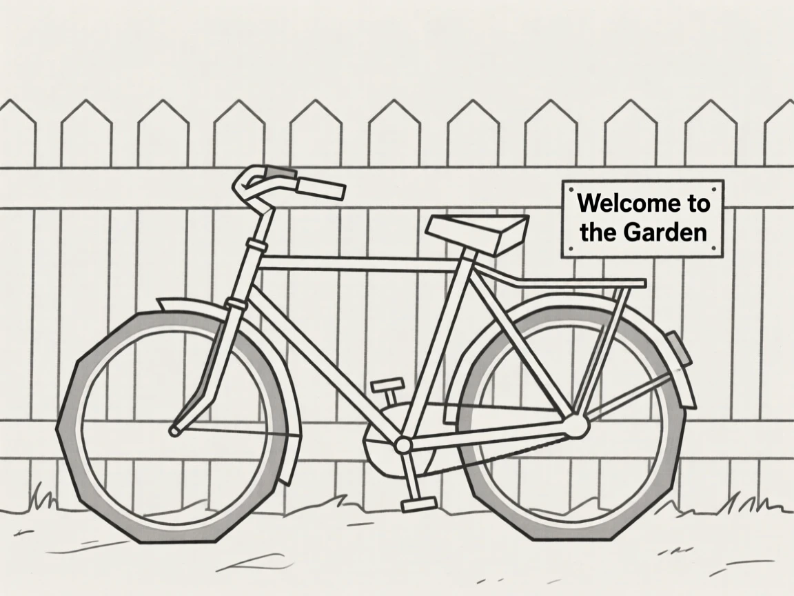 A vintage bicycle leaning against a garden fence