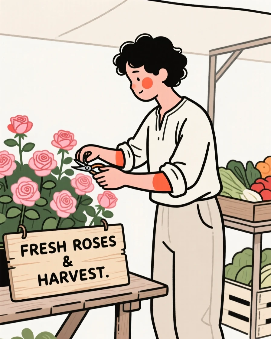 A gardener of greek heritage tending roses, lost in quiet contemplation, at a countryside farmers market.