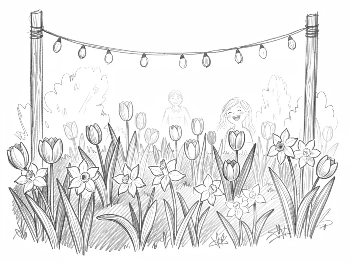 A joyful holiday moment: a spring garden bursting with tulips and daffodils beneath strings of festive lights, with laughter and joy filling the scene.