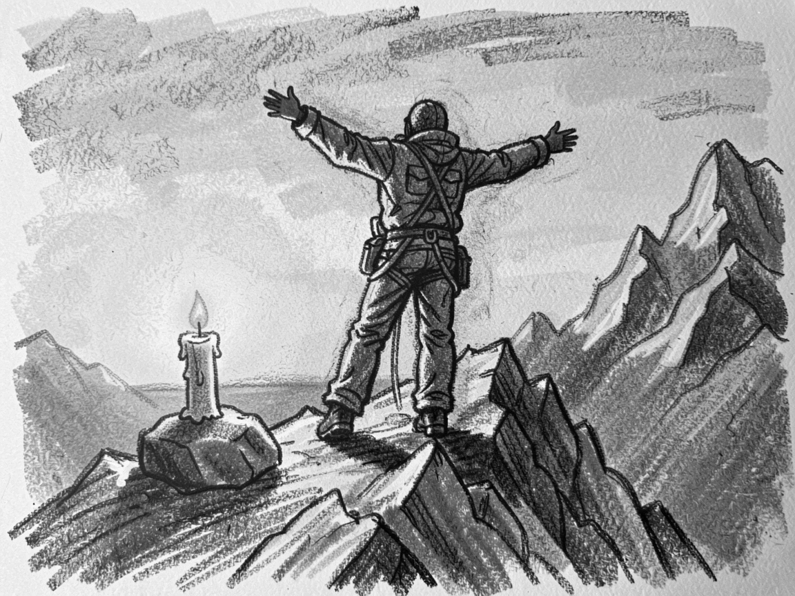 A lone climber reaching the summit at sunrise, arms outstretched, as soft candlelight flickers nearby.