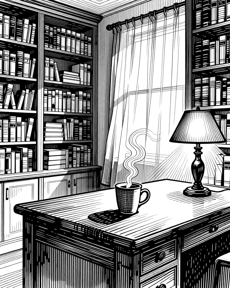 A bookshelf-lined study with warm lamp light as morning light filters through gauzy curtains, with the gentle curl of steam from a warm drink, evoking a tenderly nostalgic sense of calm.