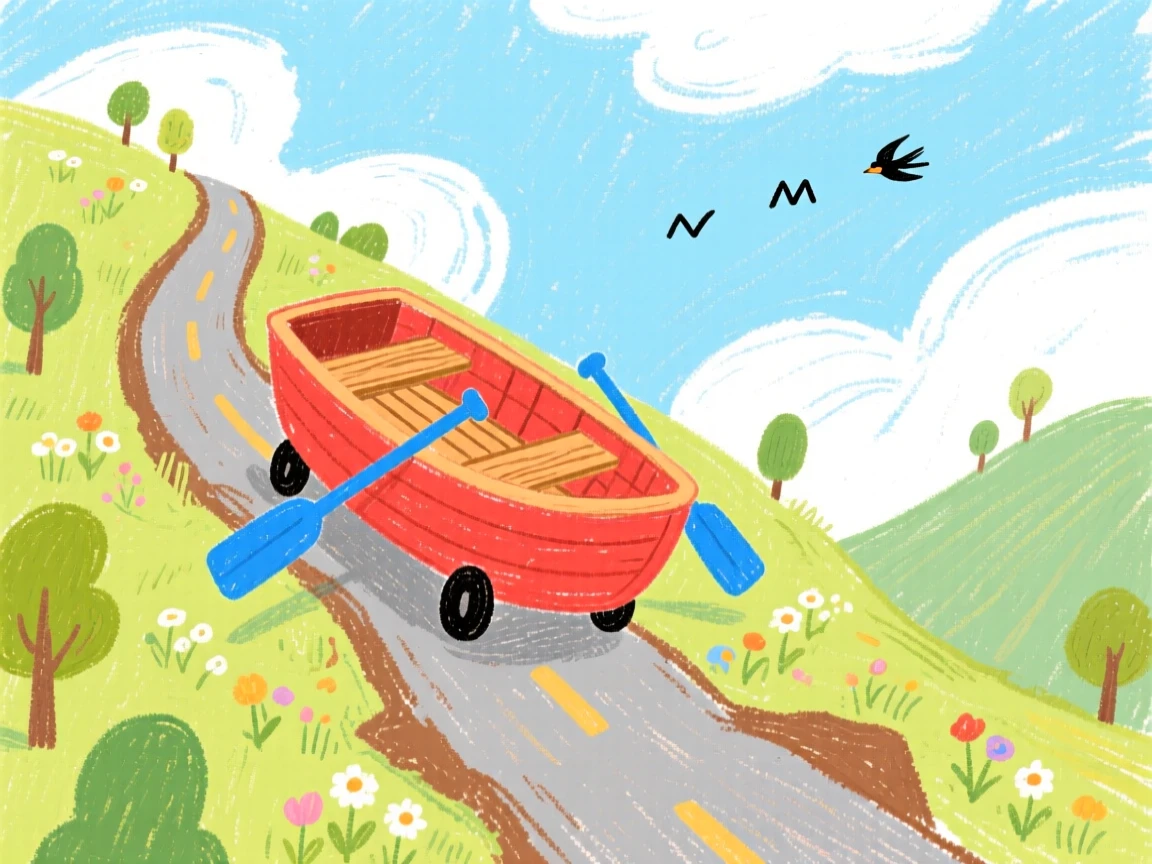 A rowboat climbing a winding mountain road.