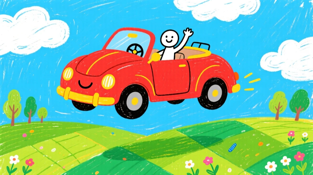 A vintage red convertible floating above a patchwork of green fields.