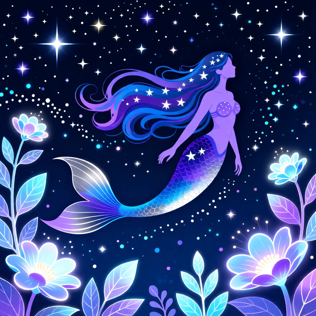 A celestial mermaid swimming through a sky filled with stars, surrounded by glowing flowers and luminescent plants, framed to capture both grandeur and delicate magical detail, with subtle magical particles drifting through the air.