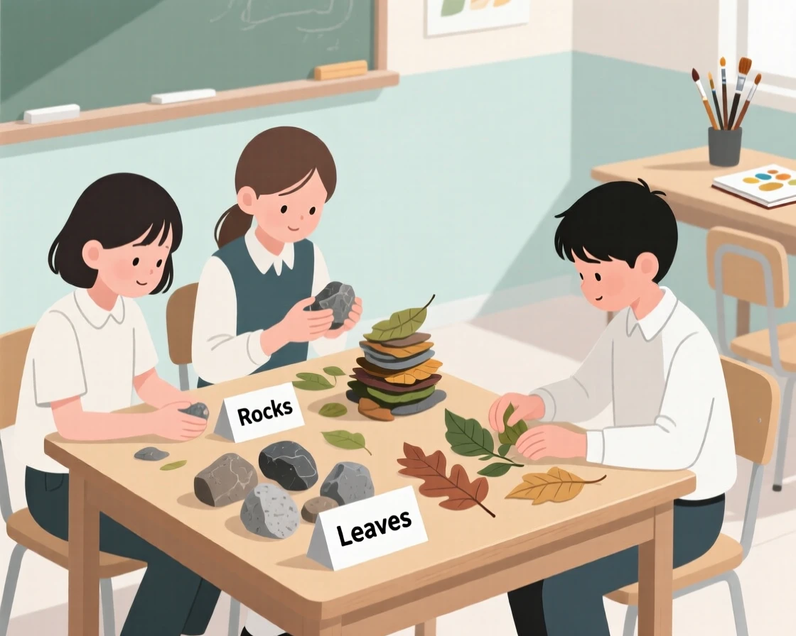 A group of students sorting rocks and leaves in an art classroom.