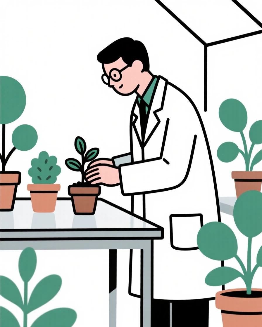 A focused scientist in a lab working at a greenhouse nursery, surrounded by potted plants, expressing quiet dedication.