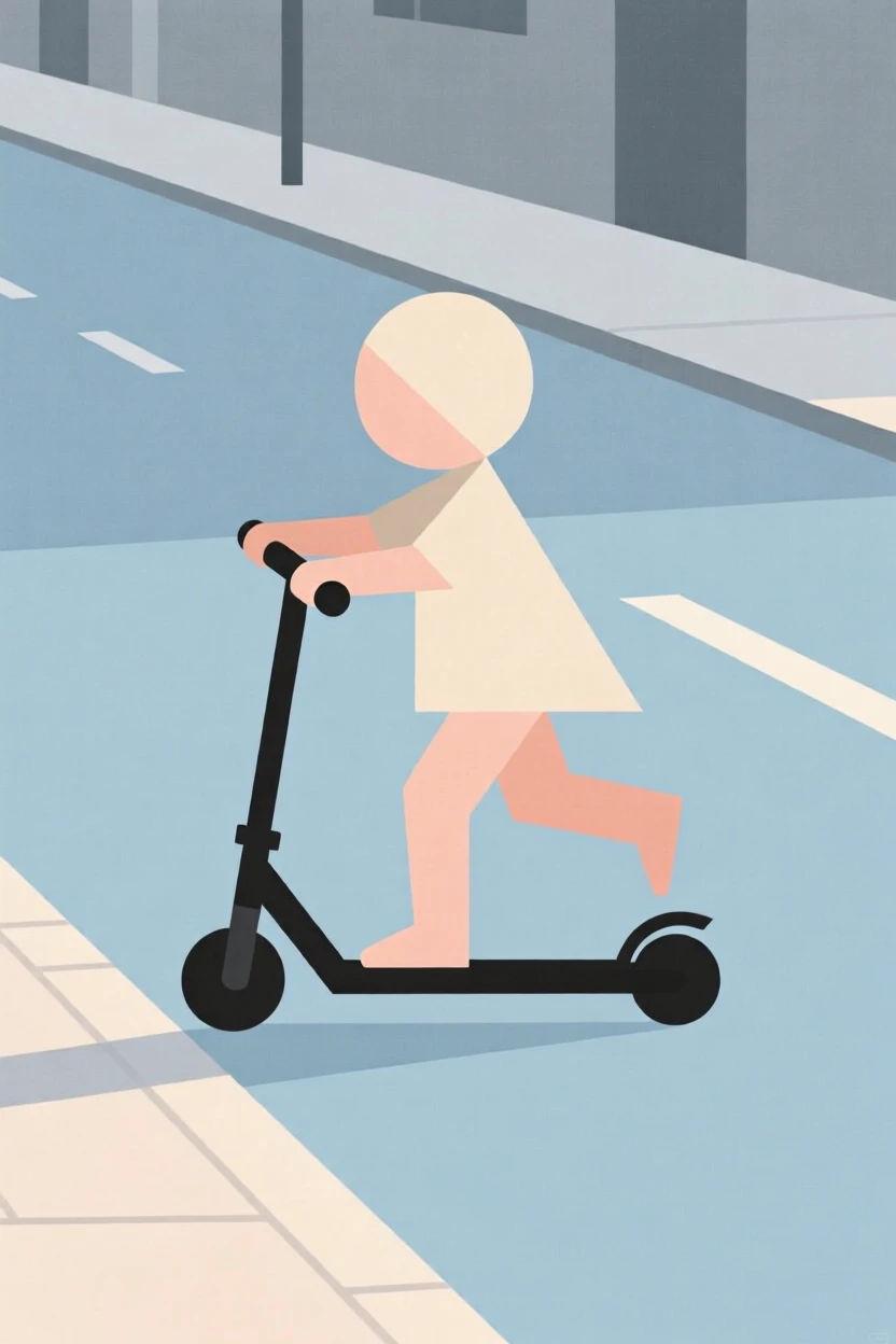 A child riding a scooter down a quiet street
