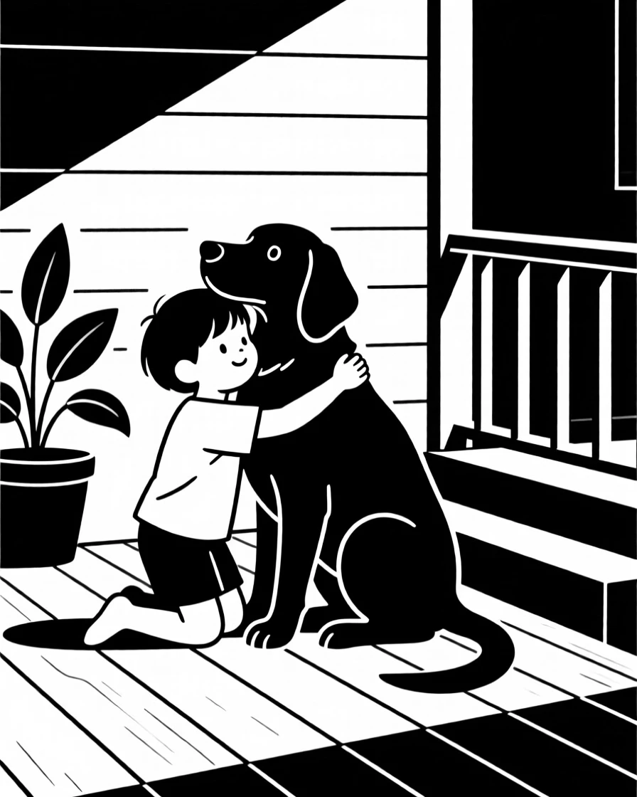 A child hugging a large dog on a front porch.