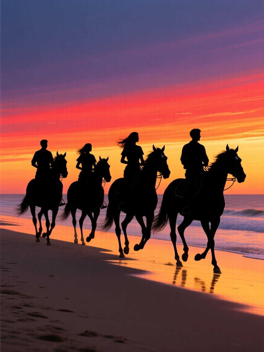 A group of friends riding horses along a wide open beach at sunset.
