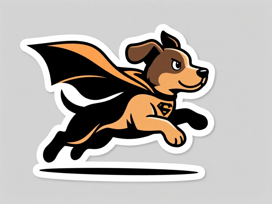 A confidently cool superhero puppy wearing a flowing cape, caught mid-action with dramatic energy, during a thrilling made-up quest.