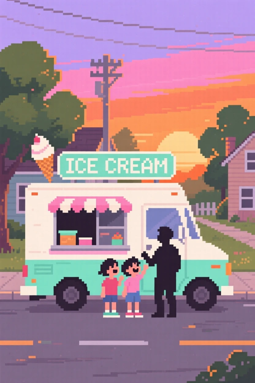 An ice cream truck parked on a quiet street laughing together on a warm summer evening, in a small countryside town at sunset.