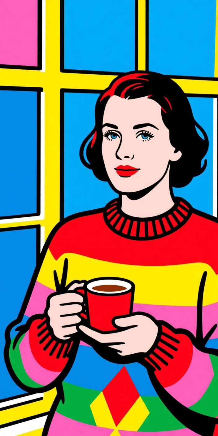 Cozy knit sweater and a mug of tea by a window