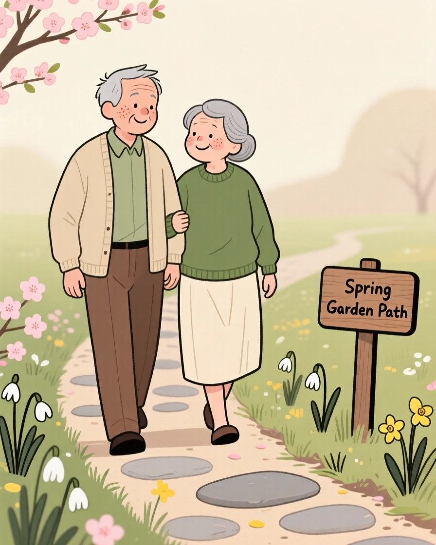 The first blossoms of spring open along a garden path as a elderly couple walks slowly by, smiling at the warmth returning in the mild morning air.