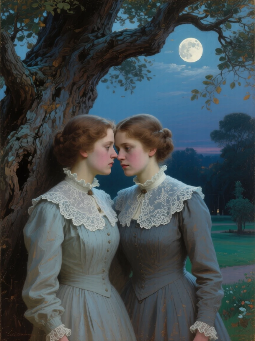 A detailed close shot of twin sisters sharing secrets under a large oak tree, under a full moon, in the Edwardian era.