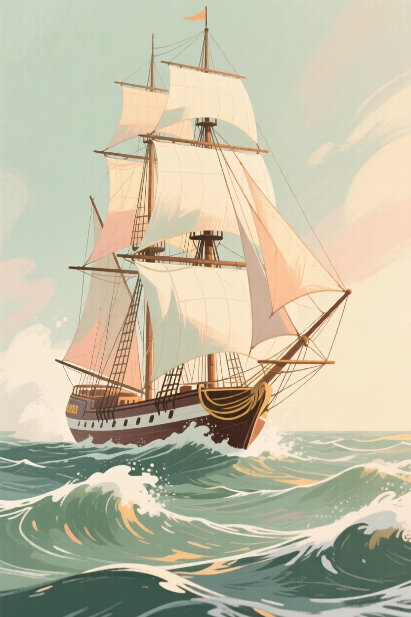 A tall clipper ship cutting through rolling ocean waves