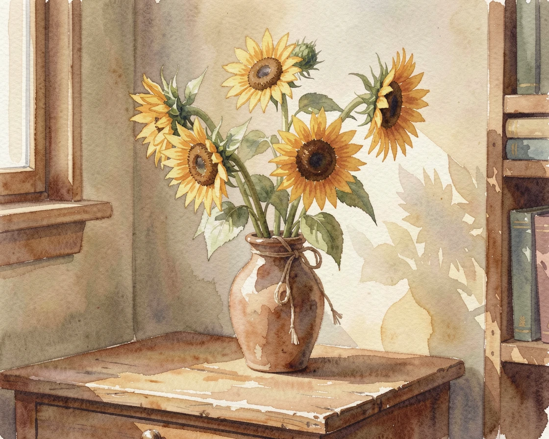 A vase of wild sunflowers in the corner of a cozy study tied with a length of twine.