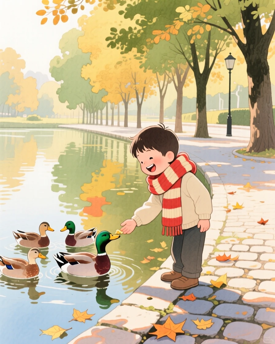 A boy with a striped scarf feeds ducks at a quiet pond on a tree-lined street, laughter and joy filling the warm afternoon air