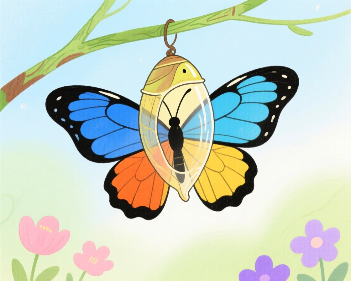 A vivid scene of a colorful butterfly emerging from its chrysalis.
