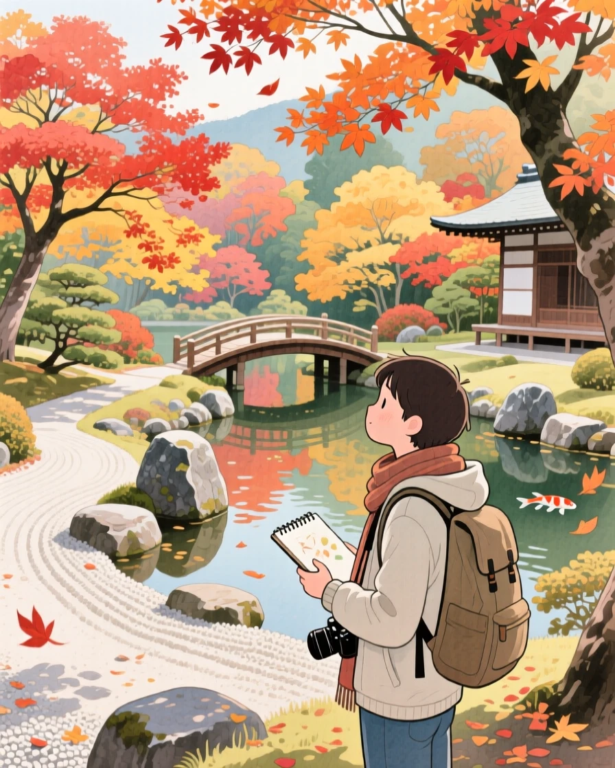 A traveler pauses to soak in the view amid a serene Zen garden in Kyoto during autumn foliage, capturing the wonder of discovering a new place.