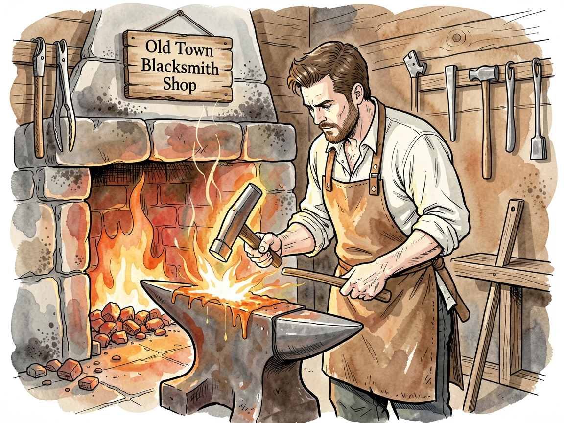 A blacksmith hammering glowing metal at a rustic forge, the setting filled with the tools and textures of the craft.