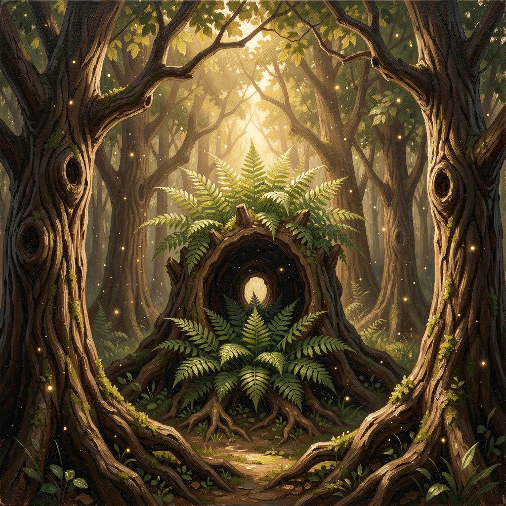 Near a hollow tree filled with ferns, a dark, fairy-tale forest with twisted, gnarled trees, sunlight catching drifting spores and pollen in the air, at golden hour, warm light filtering through the leaves.