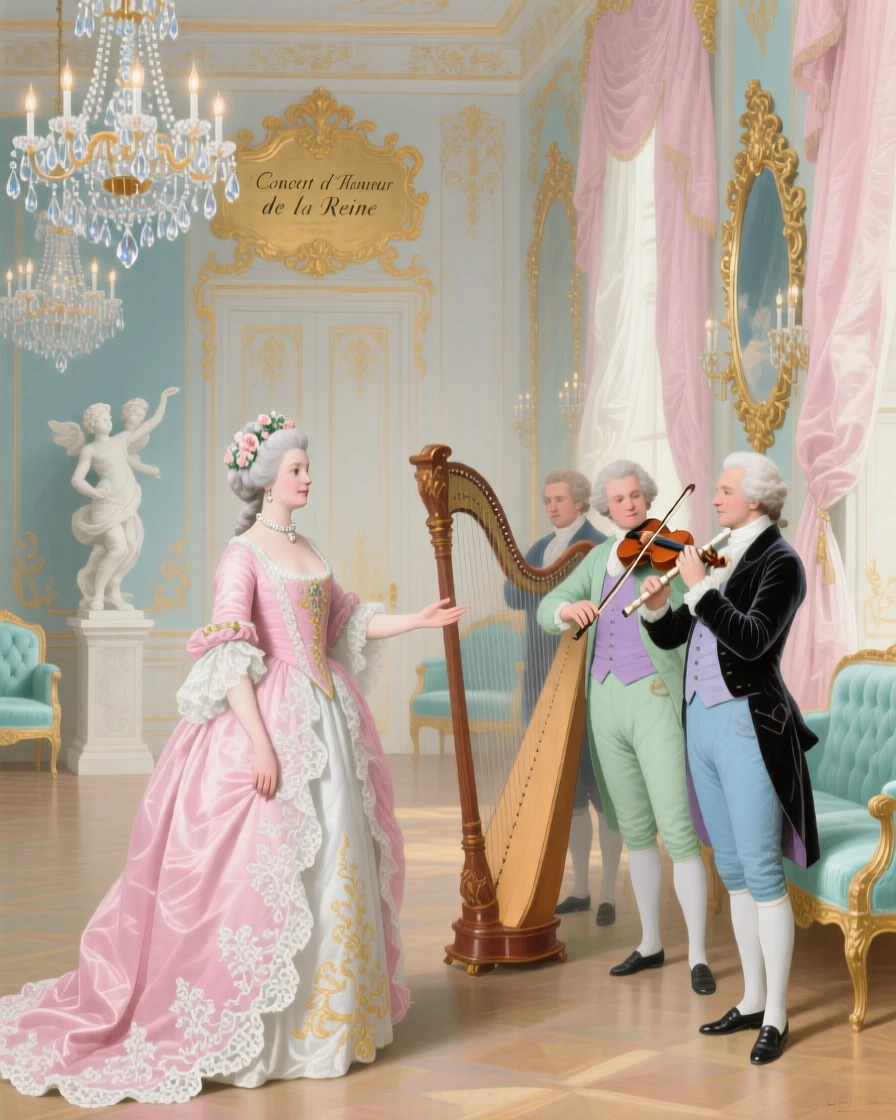 A queen receiving visiting musicians in a chandelier-lit hall  