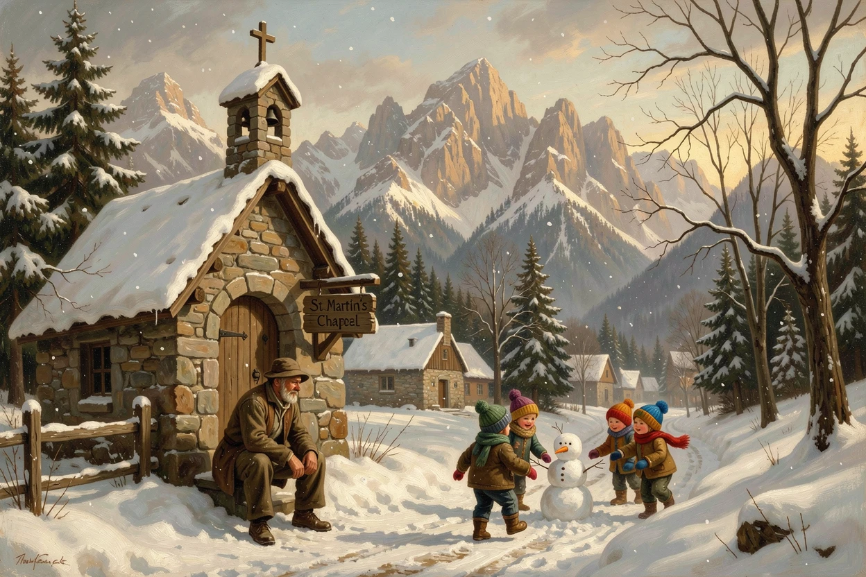 A farmer rests beside the chapel in a snow-covered mountain village while children play in the lane.