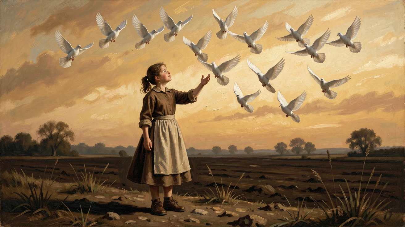 A young girl reaching toward a flock of doves released into a golden sky, as the moment feels both deeply personal and universally relatable, evoking deep emotion and a profound sense of shared humanity