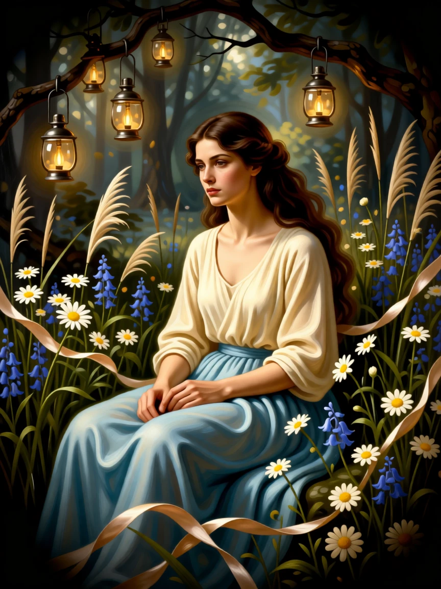 Ophelia drifting gently among wildflowers and reeds in a scene familiar yet freshly reimagined, set within an enchanted forest clearing bathed in soft light, with lanterns swaying gently and silk ribbons catching the breeze; soft vignetting draws focus to the storyteller at the scene's heart, suggesting the enduring power of myth and memory.