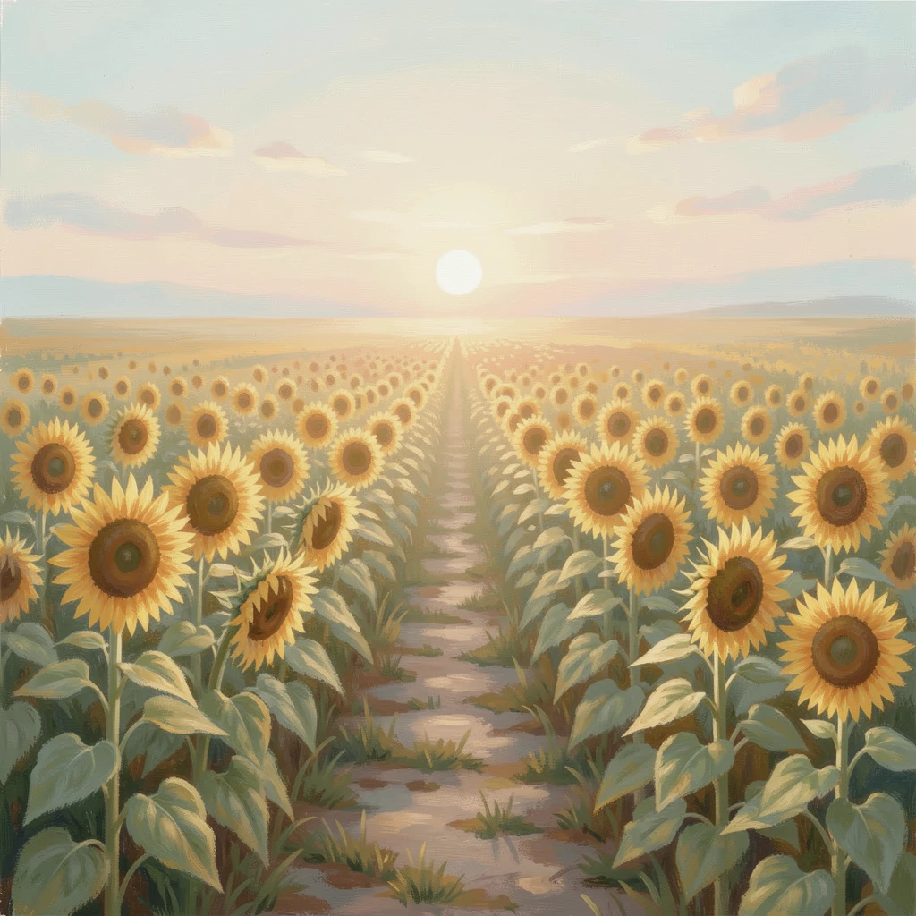 A sunflower field stretching to the horizon, heads turned toward a setting sun, a narrow dirt path cutting through the middle, in the gentle hush of early morning, capturing a moment of quiet intimacy.