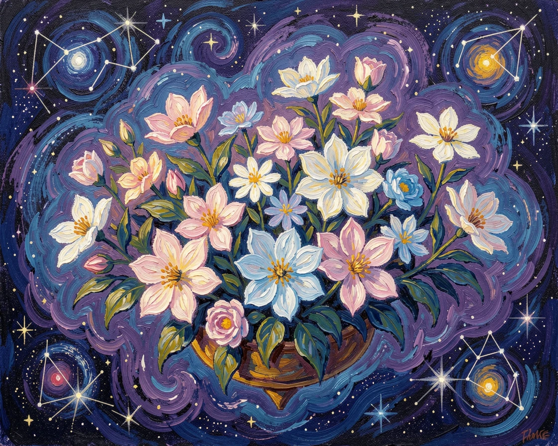 A celestial garden floating among the stars, blossoms glowing softly in the dark.