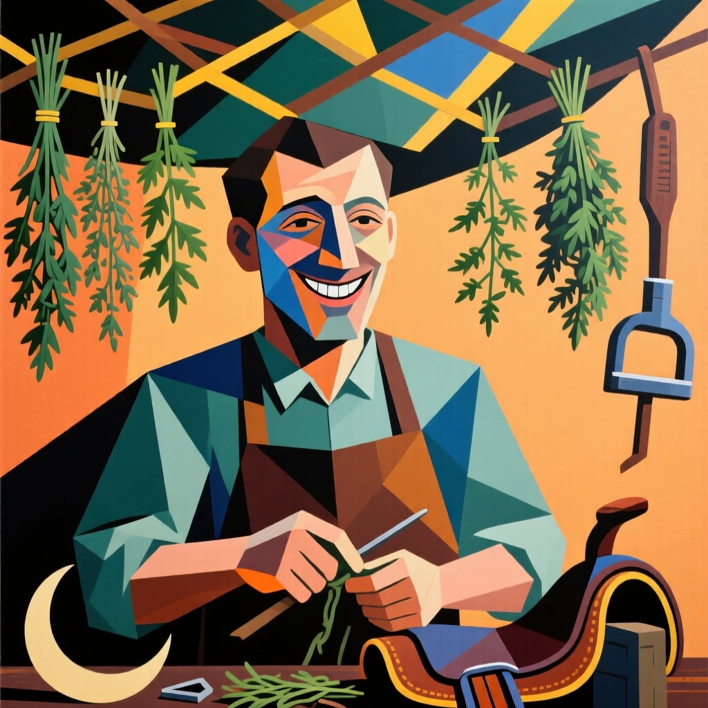 A close-up portrait of a saddle maker smiling gently under a canopy of drying herbs.