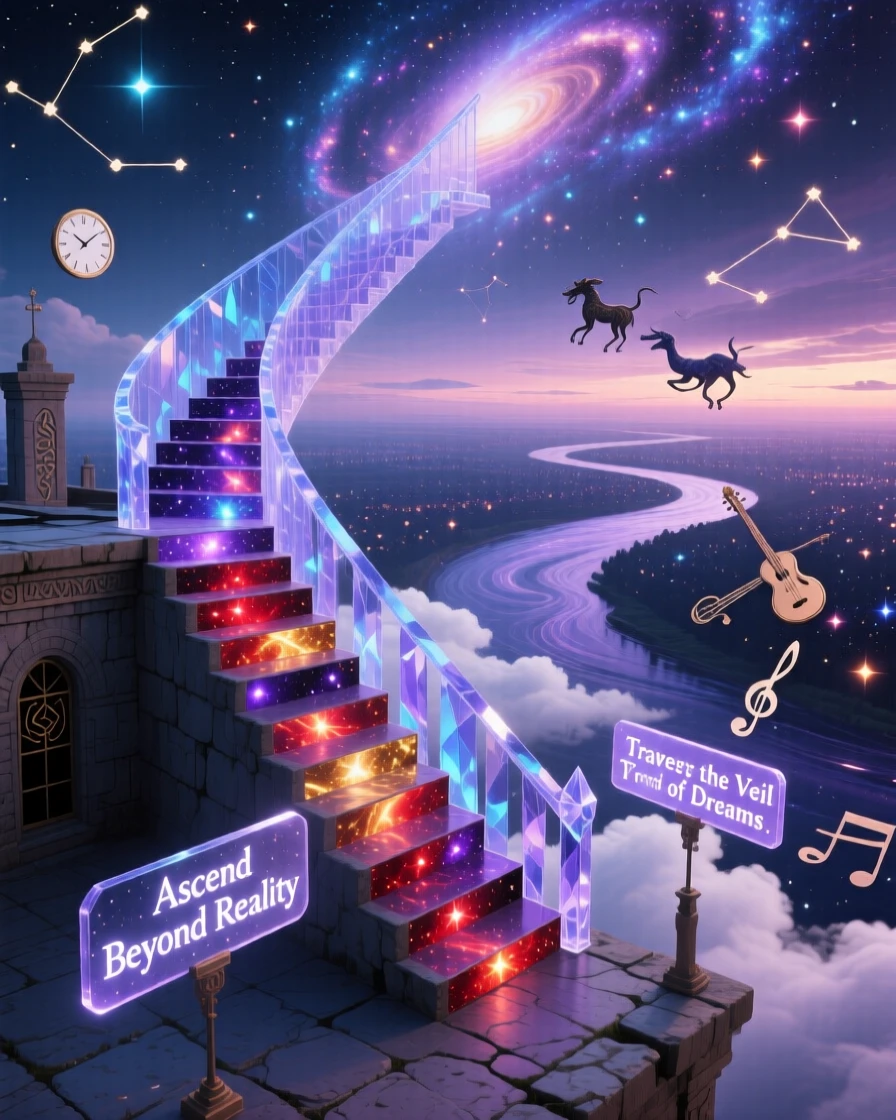 A staircase leading directly from a rooftop into the Milky Way drifts slowly through an endless field of stars, as clouds part gently to reveal deeper layers of stars beyond.