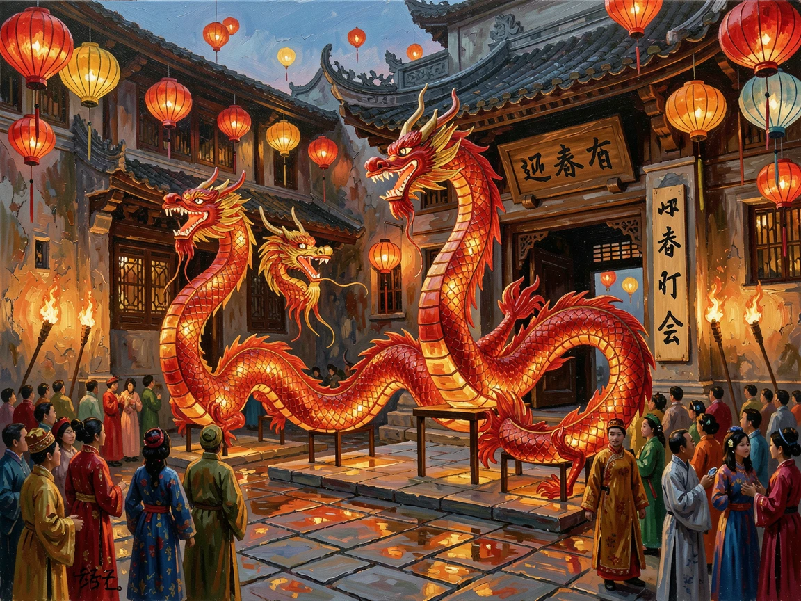 A dazzling Chinese Lantern Festival fills a temple courtyard with elaborate illuminated sculptures shaped like dragons and phoenixes, the surrounding crowd adding energy and movement to the edges of the composition.