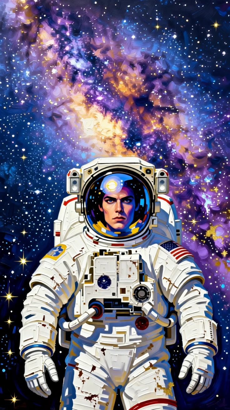 An astronaut's reflection visible in their helmet visor against a backdrop of the Milky Way