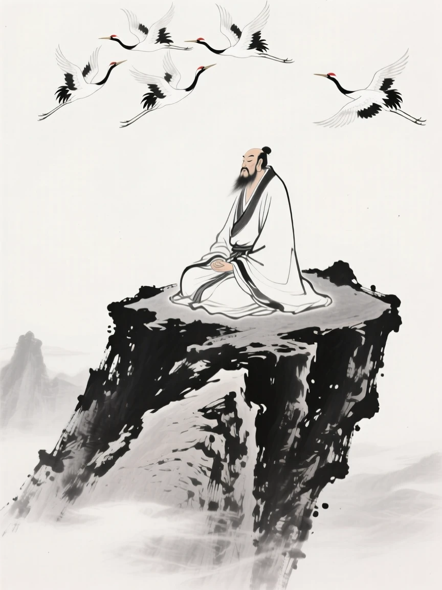 A robed immortal meditates atop a floating mountain peak, as cranes circle gracefully overhead.