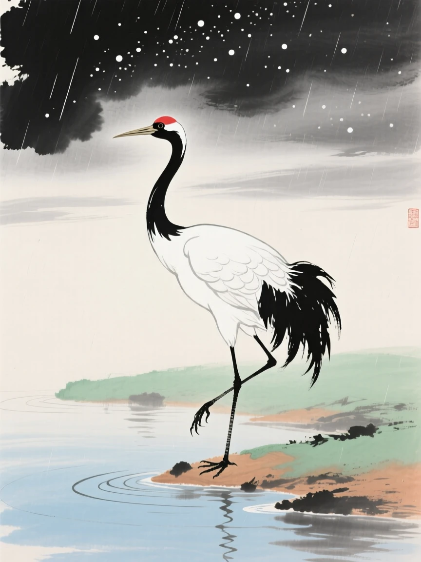 A majestic crane standing tall on one leg at the water's edge, under a sky full of stars, beneath a sky washed clean by rain.