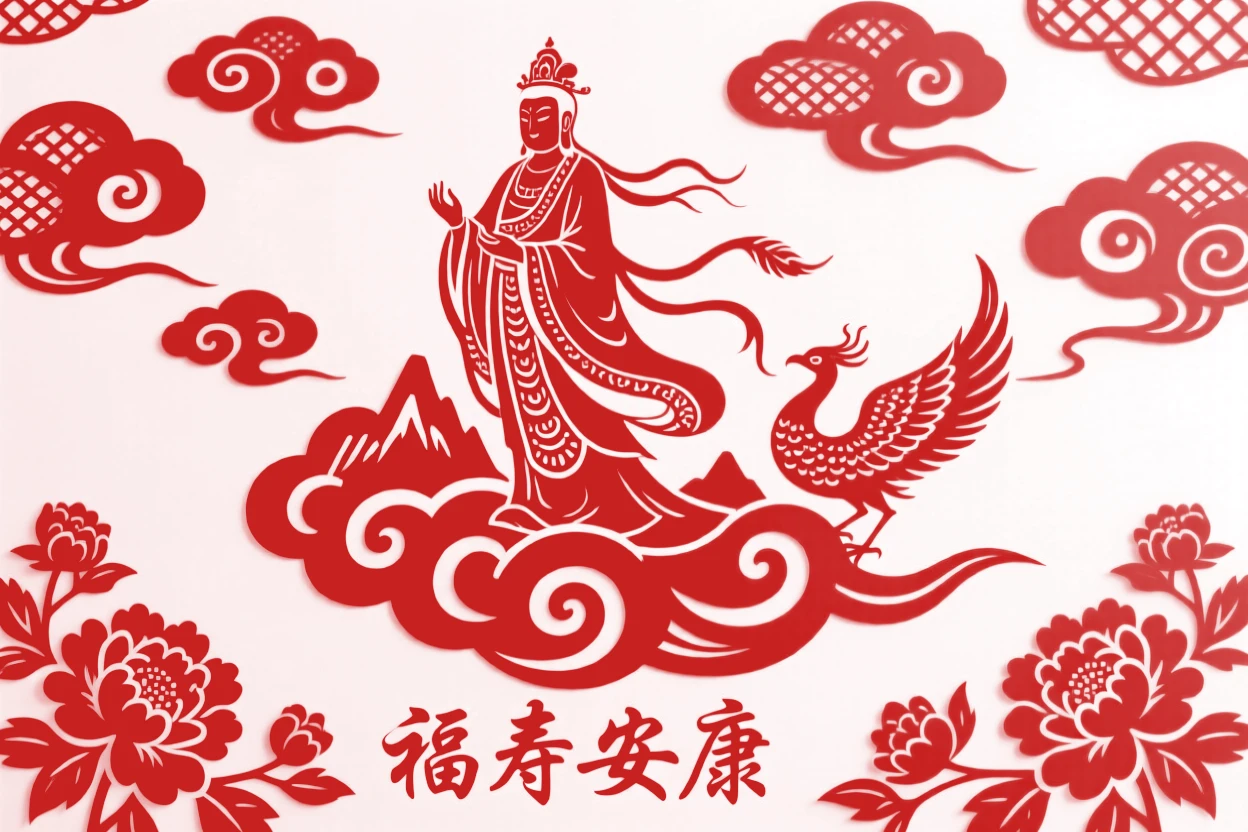 A mountain deity, descending from the heavens on a swirling cloud, beneath a sky filled with auspicious clouds.