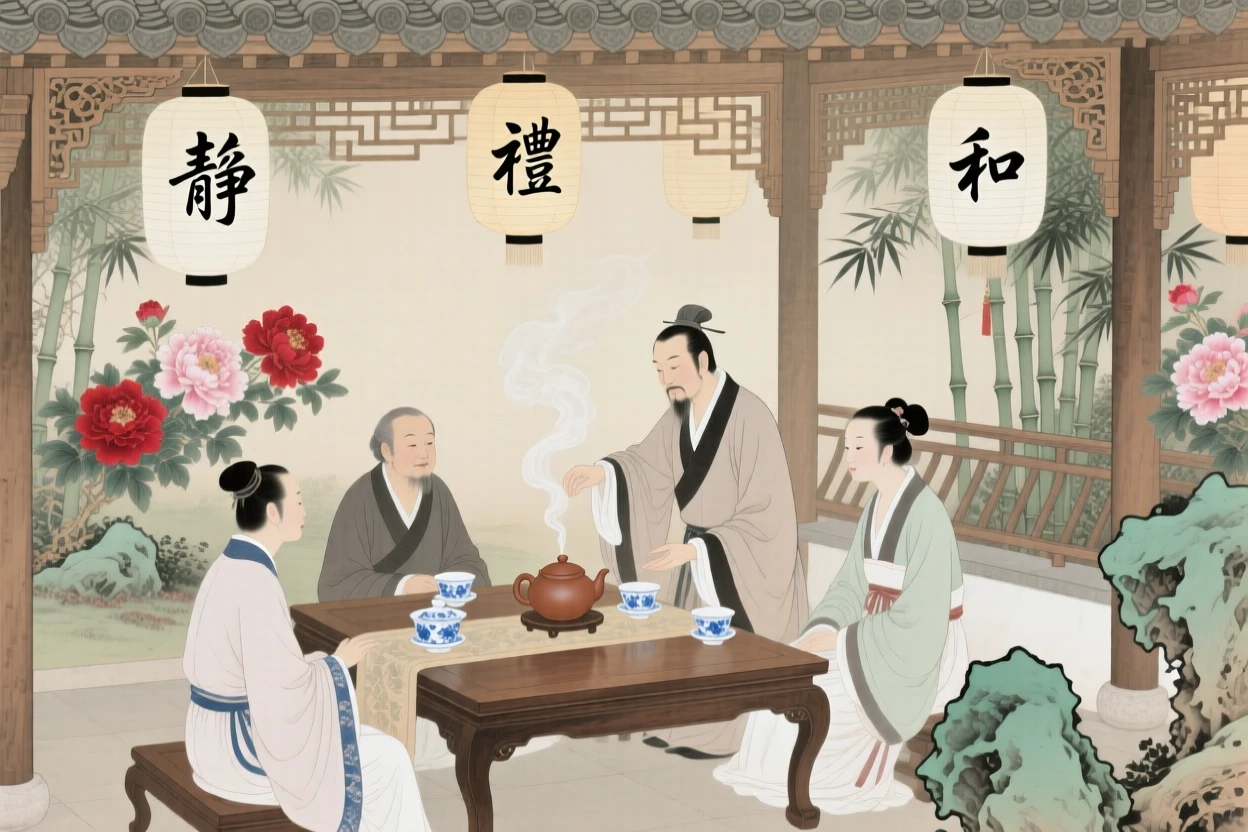 A tea ceremony performed for honored guests in a garden pavilion, with paper lanterns swaying gently in the breeze