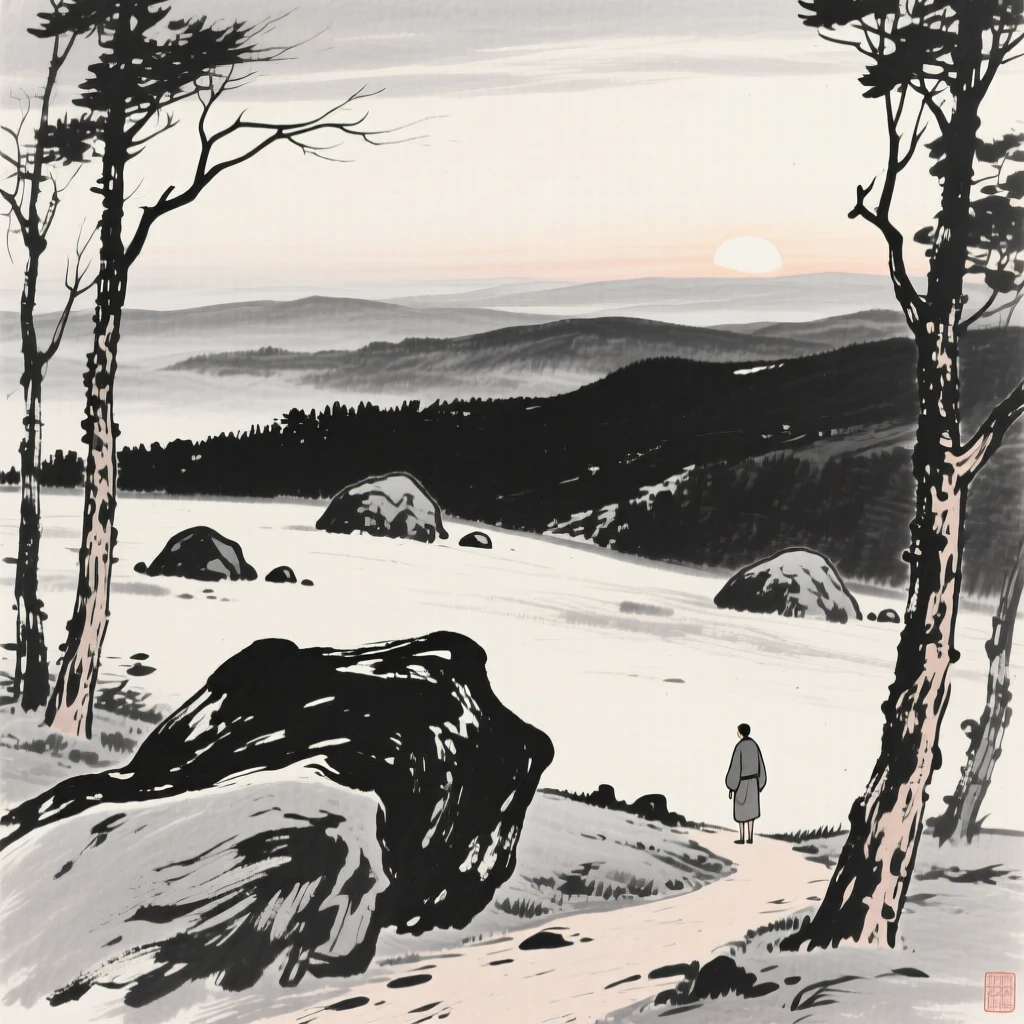 A windswept plateau scattered with wind-carved boulders at first light, when the world is still hushed and grey, framed through a gap in the trees, revealing the valley beyond, with a lone traveler pausing on the path to take in the view, capturing a fleeting, serene moment suspended in time.