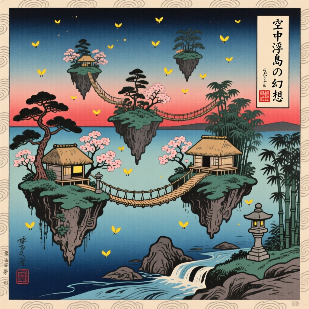 Floating islands connected by rope bridges, surrounded by drifting fireflies.